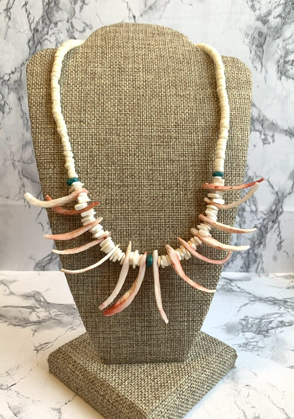 Vintage Dyed Puka Shell Necklace Barrel Clasp Spikey Pink White Boho Choker 14"